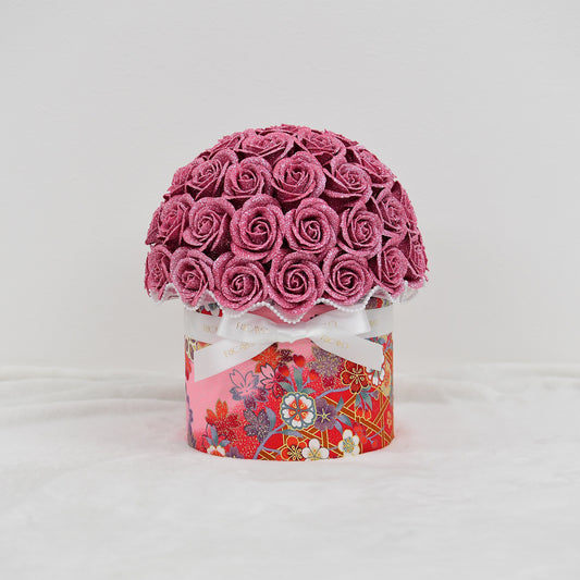 AYAKA 50 pink glitter roses with pink floral kimono fabric bowl bouquet by RICAYO