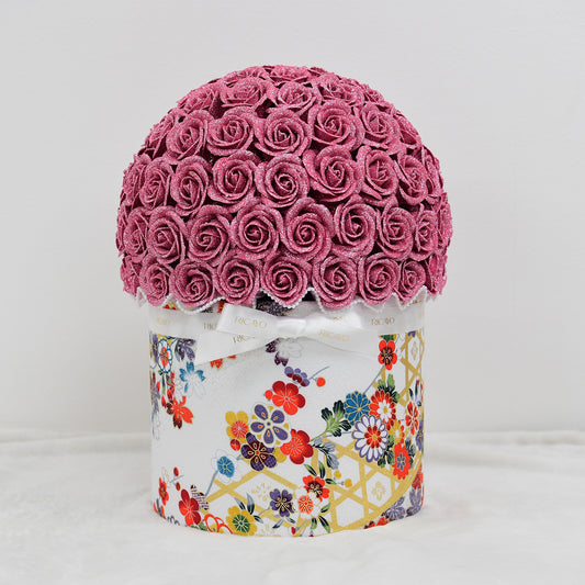 KASANE 100 pink glitter roses with white floral kimono fabric bowl bouquet by RICAYO