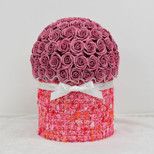 AKANE 100 pink glitter roses with pink jewelry tweed bowl bouquet by RICAYO
