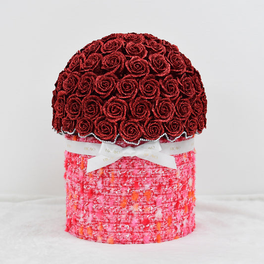 AKANE 100 red glitter roses with pink jewelry tweed bowl bouquet by RICAYO
