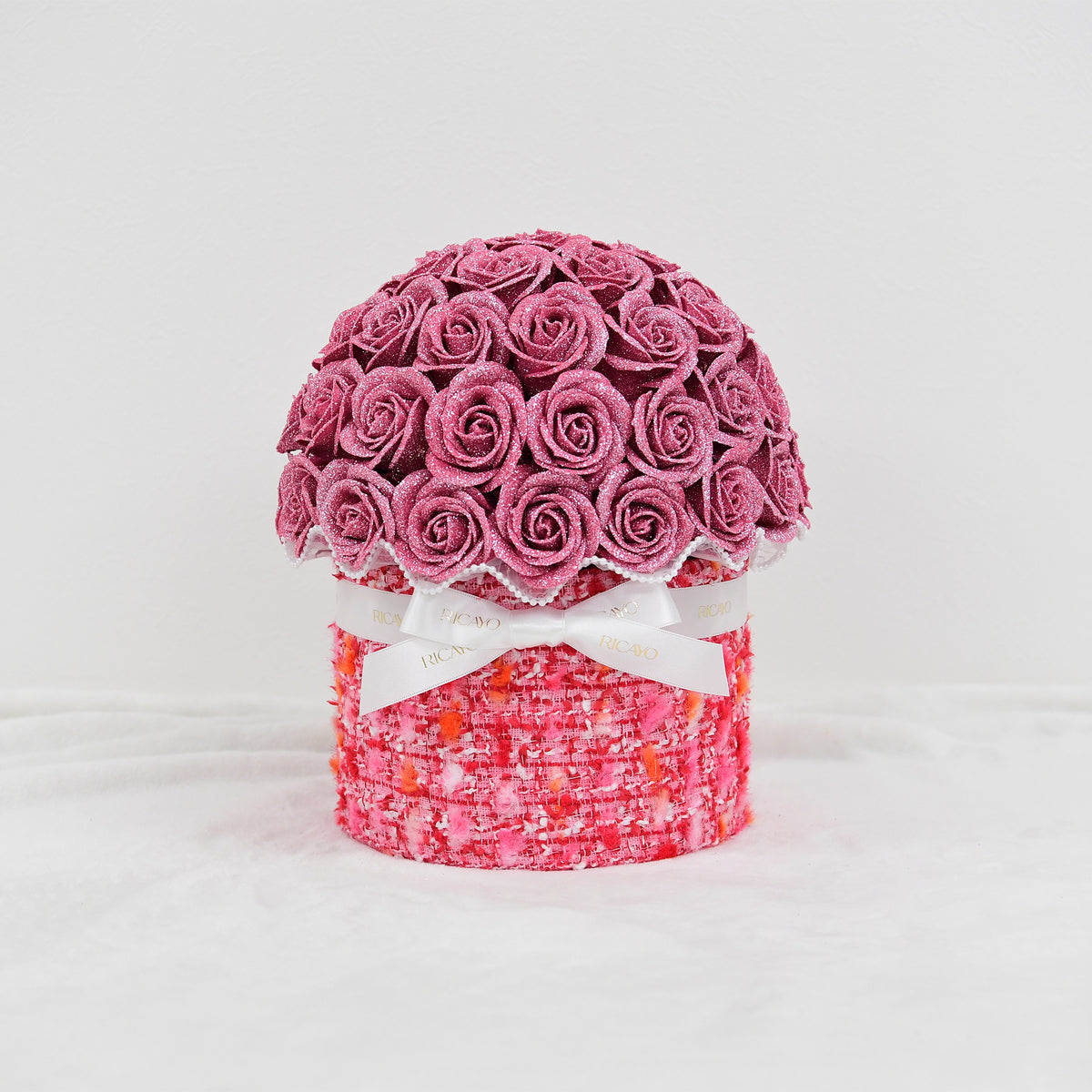 AKANE 50 pink glitter roses with pink jewelry tweed bowl bouquet by RICAYO