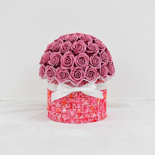 AKANE 50 pink glitter roses with pink jewelry tweed bowl bouquet by RICAYO