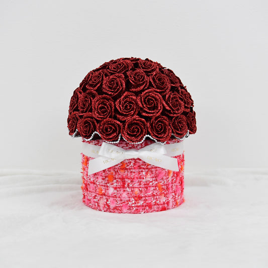 AKANE 50 red glitter roses with pink jewelry tweed bowl bouquet by RICAYO