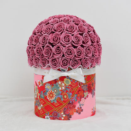 AYAKA 100 pink glitter roses with pink floral kimono fabric bowl bouquet by RICAYO