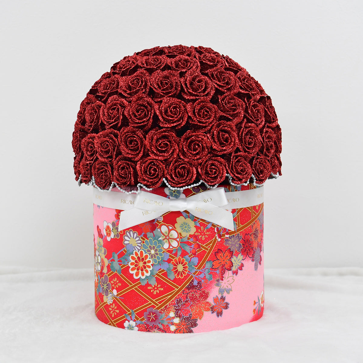 AYAKA 100 red glitter roses with pink floral kimono fabric bowl bouquet by RICAYO