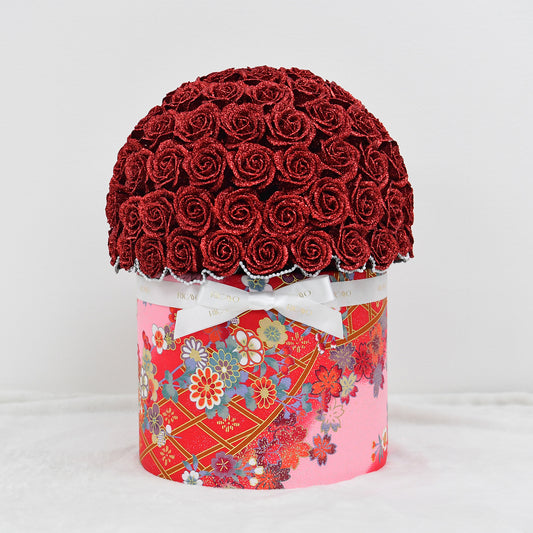 AYAKA 100 red glitter roses with pink floral kimono fabric bowl bouquet by RICAYO