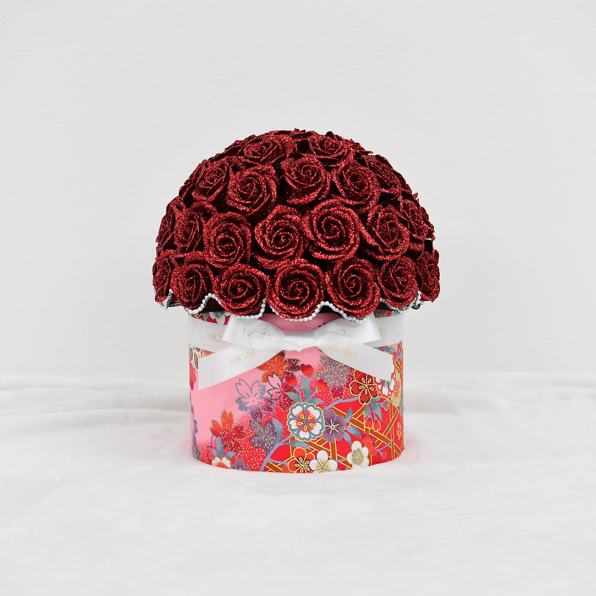 AYAKA 50 red glitter roses with pink floral kimono fabric bowl bouquet by RICAYO