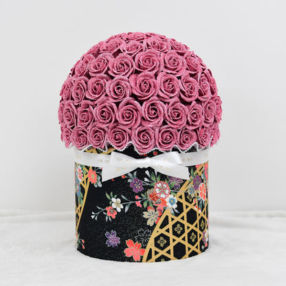 HANABI 100 pink glitter roses with black floral kimono fabric bowl bouquet by RICAYO