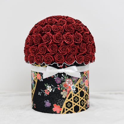 HANABI 100 red glitter roses with black floral kimono fabric bowl bouquet by RICAYO