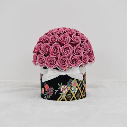 HANABI 50 pink glitter roses with black floral kimono fabric bowl bouquet by RICAYO