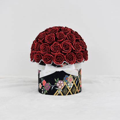 HANABI 50 red glitter roses with black floral kimono fabric bowl bouquet by RICAYO