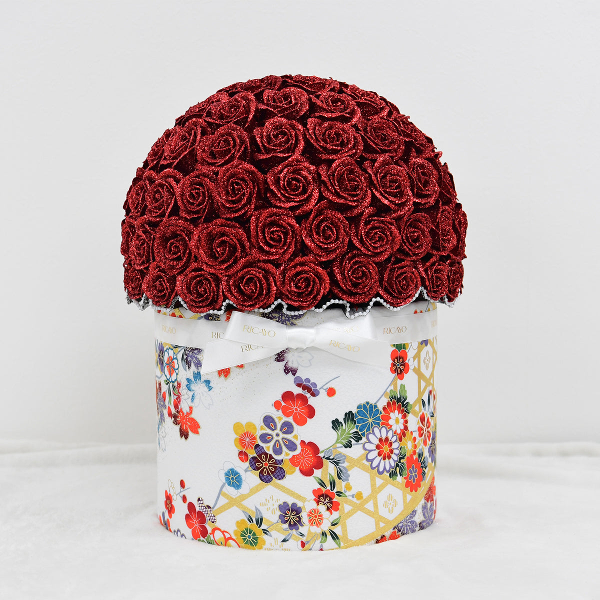 KASANE 100 red glitter roses with white floral kimono fabric bowl bouquet by RICAYO