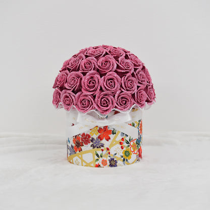 KASANE 50 pink glitter roses with white floral kimono fabric bowl bouquet by RICAYO