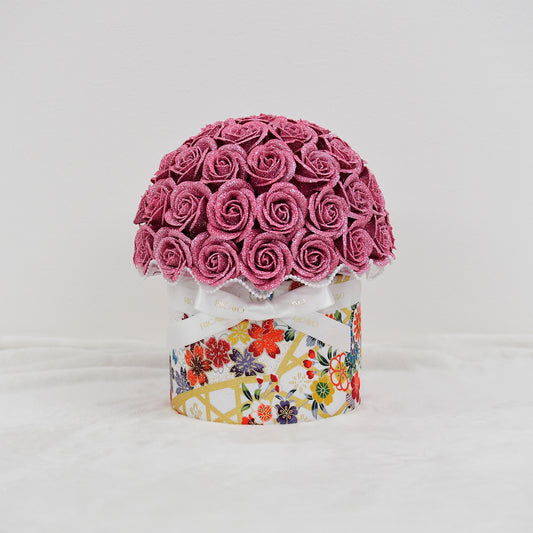 KASANE 50 pink glitter roses with white floral kimono fabric bowl bouquet by RICAYO