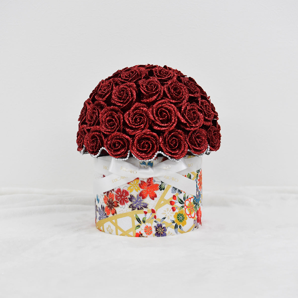 KASANE 50 red glitter roses with white floral kimono fabric bowl bouquet by RICAYO