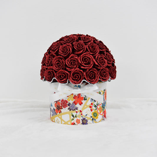KASANE 50 red glitter roses with white floral kimono fabric bowl bouquet by RICAYO