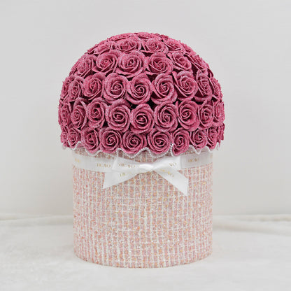 KOHANA 100 pink glitter roses with ivory jewelry tweed bowl bouquet by RICAYO