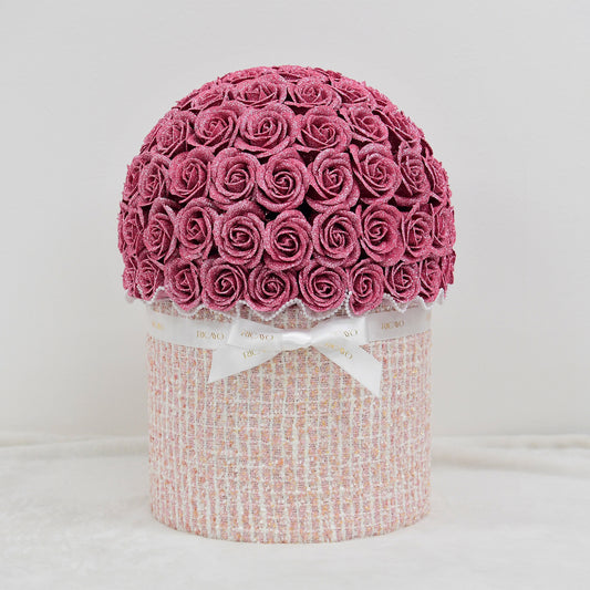 KOHANA 100 pink glitter roses with ivory jewelry tweed bowl bouquet by RICAYO