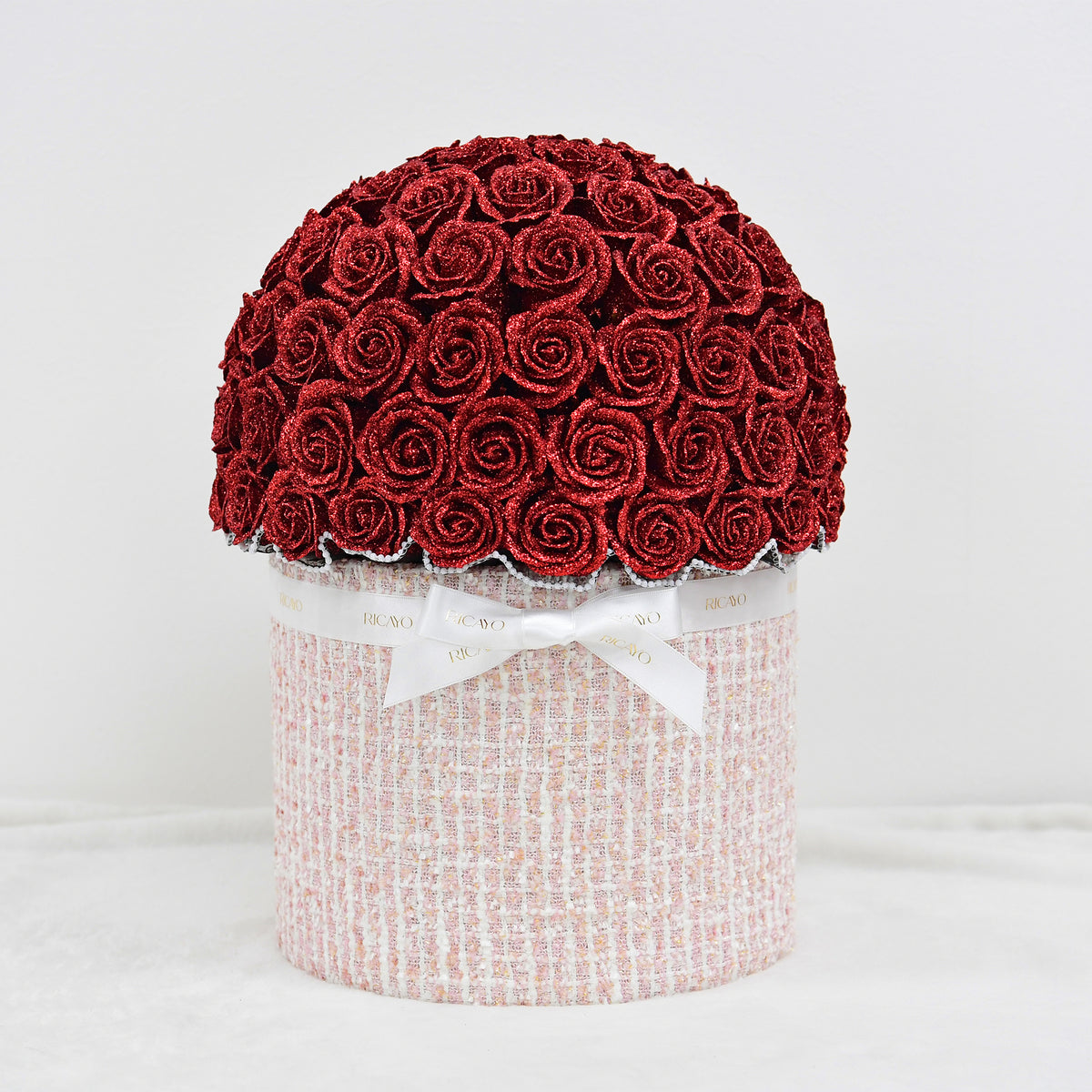 KOHANA 100 red glitter roses with ivory jewelry tweed bowl bouquet by RICAYO