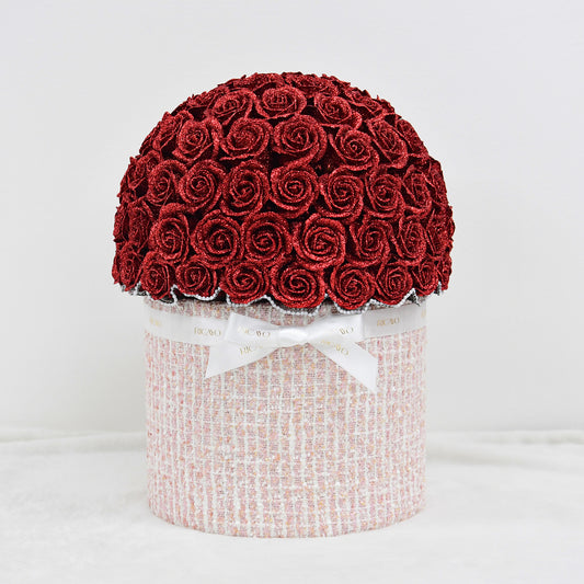 KOHANA 100 red glitter roses with ivory jewelry tweed bowl bouquet by RICAYO