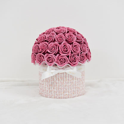 KOHANA 50 pink glitter roses with ivory jewelry tweed bowl bouquet by RICAYO