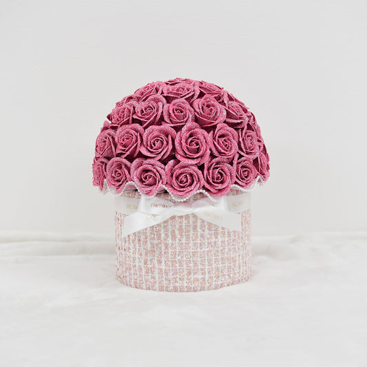 KOHANA 50 pink glitter roses with ivory jewelry tweed bowl bouquet by RICAYO