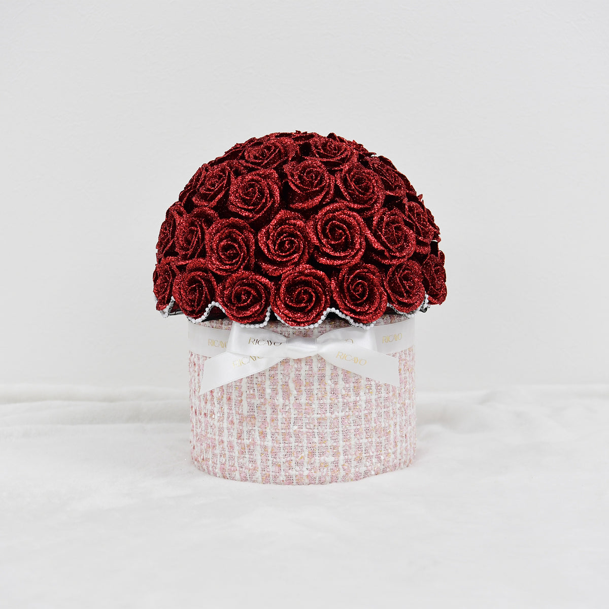 KOHANA 50 red glitter roses with ivory jewelry tweed bowl bouquet by RICAYO