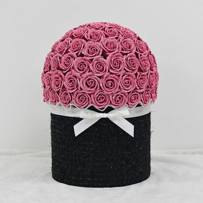 KUROHA 100 pink glitter roses with black jewelry tweed bowl bouquet by RICAYO