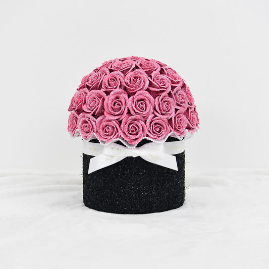 KUROHA 50 pink glitter roses with black jewelry tweed bowl bouquet by RICAYO
