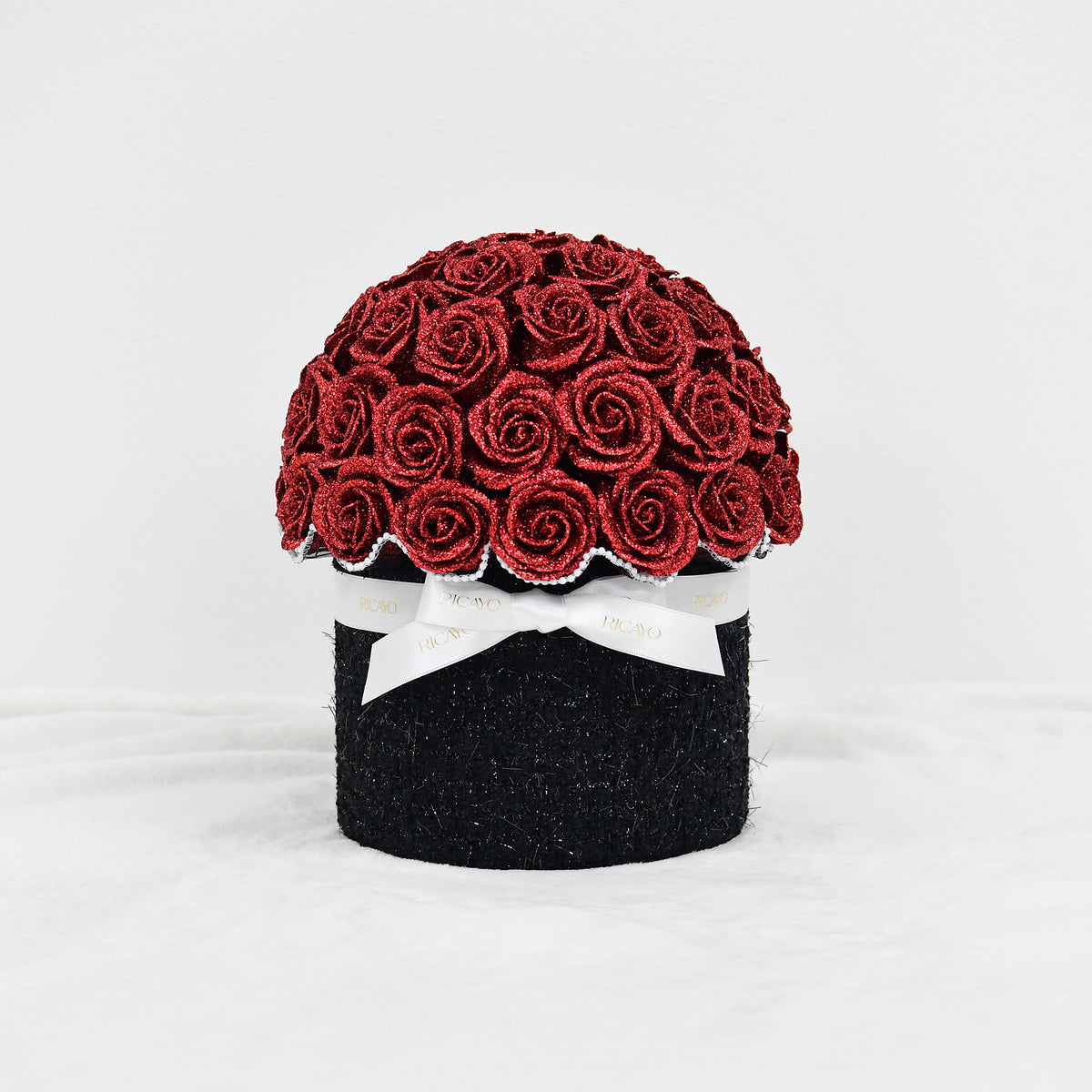 KUROHA 50 red glitter roses with black jewelry tweed bowl bouquet by RICAYO