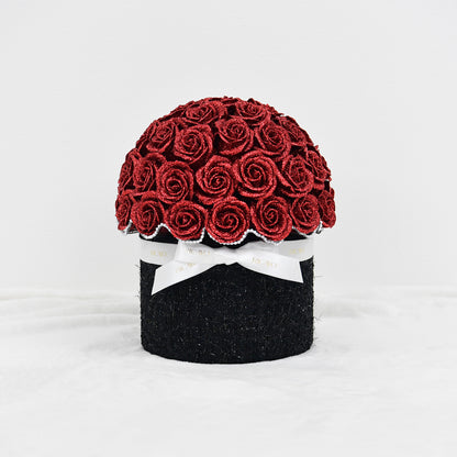 KUROHA 50 red glitter roses with black jewelry tweed bowl bouquet by RICAYO