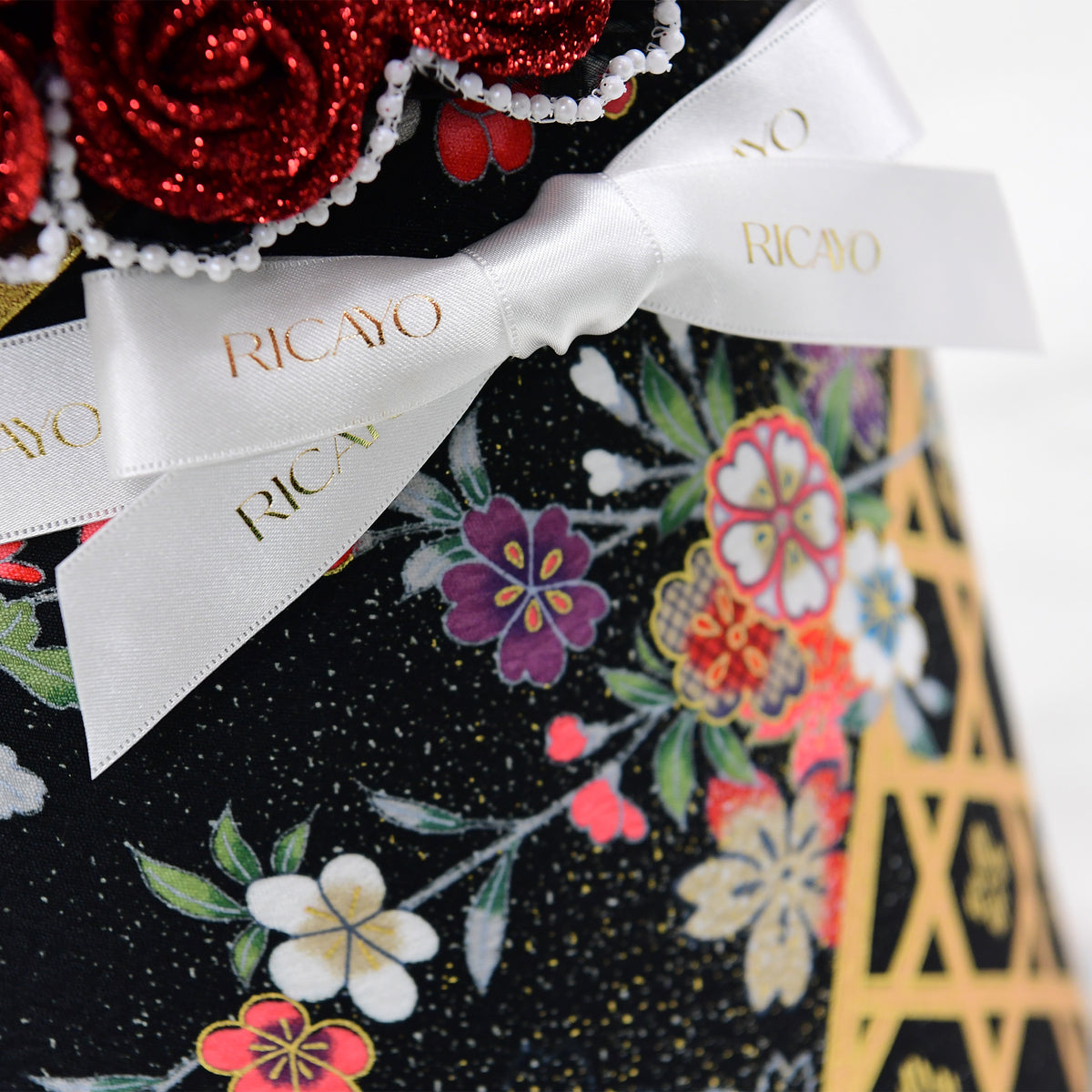 HANABI black floral Japanese kimono bowl bouquet ribbon detail by RICAYO