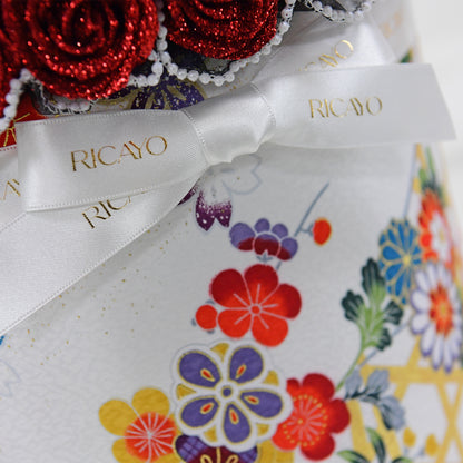KASANE white floral Japanese kimono bowl bouquet ribbon detail by RICAYO